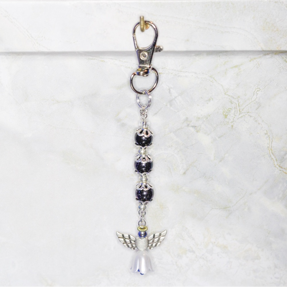 One of a Kind Handmade Blue Goldstone Beaded Angel Keychain or Purse Charm